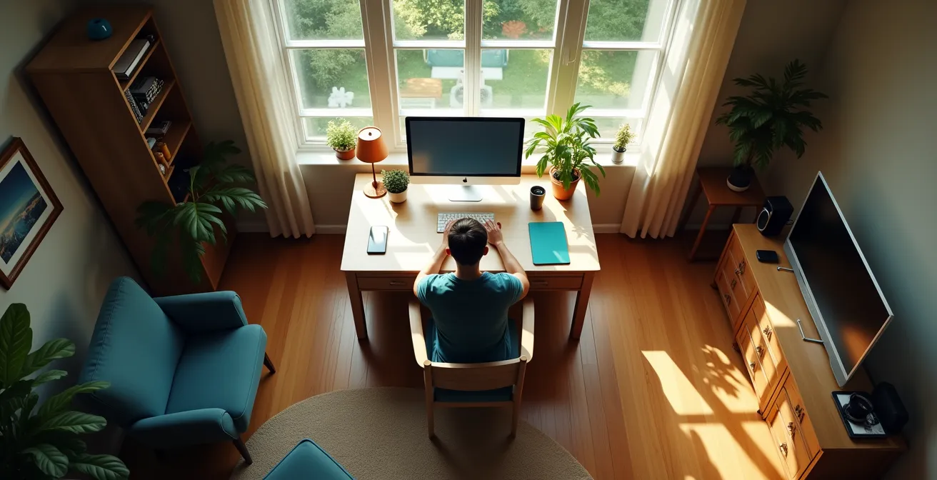 Vista dall'alto di persona che lavora da casa in solitudine con spazio domestico visibile