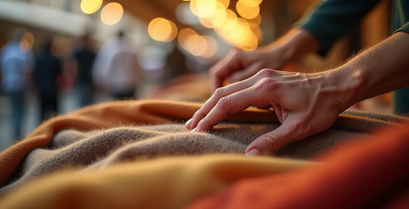 Mani che toccano delicatamente tessuti di cashmere e seta in un mercatino vintage italiano