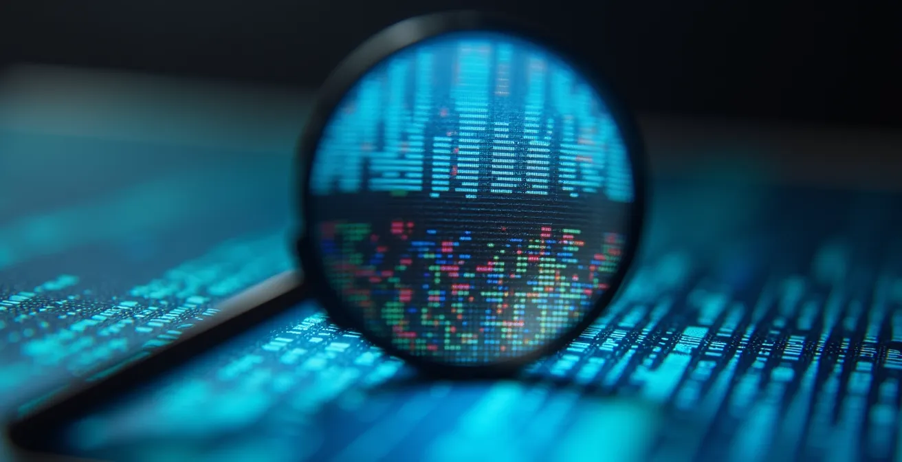 Vista macro di un URL fraudolento su schermo con lente d'ingrandimento