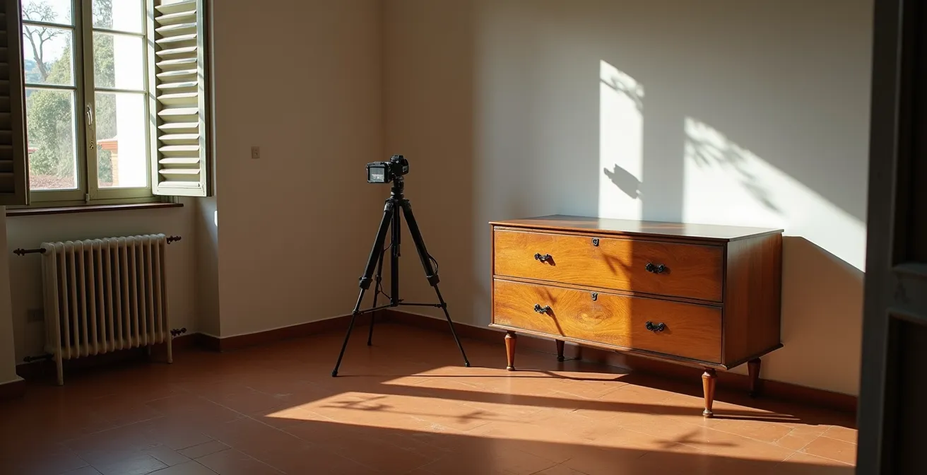 Soggiorno italiano con mobile vintage fotografato con luce naturale laterale