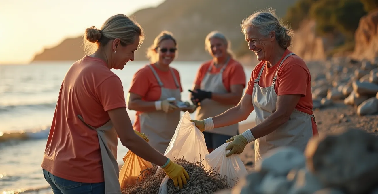Gruppo di volontari pulisce una spiaggia italiana al tramonto