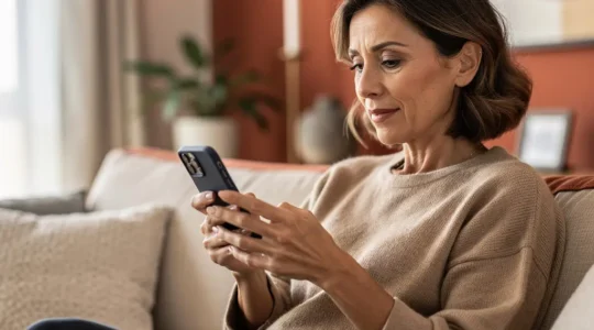 Donna italiana consulta valutazione immobiliare su smartphone in soggiorno luminoso