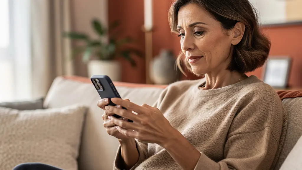 Donna italiana consulta valutazione immobiliare su smartphone in soggiorno luminoso