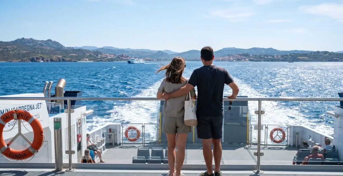Una coppia osserva il mare dal ponte di una nave traghetto durante la navigazione verso la Corsica