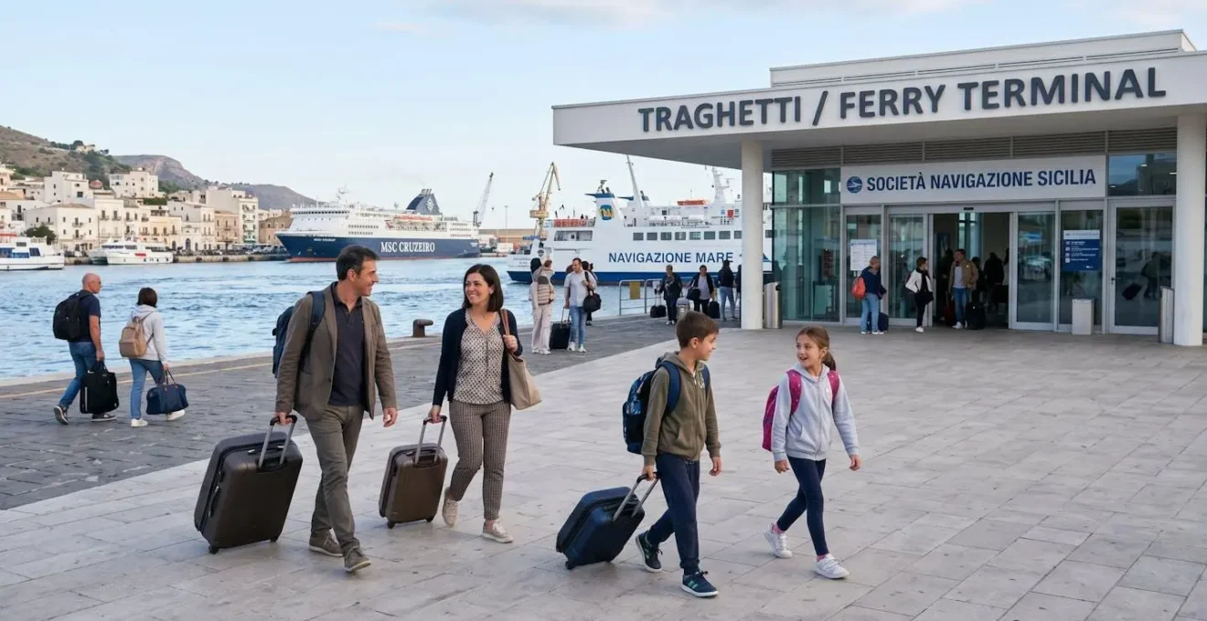 Una famiglia con bagagli si dirige verso il terminal traghetti al porto di Livorno in una mattina di sole