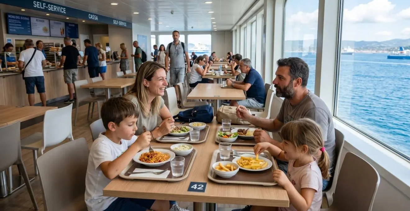 Una famiglia seduta a tavolo nel ristorante self-service di una nave traghetto, luce naturale dalle finestre