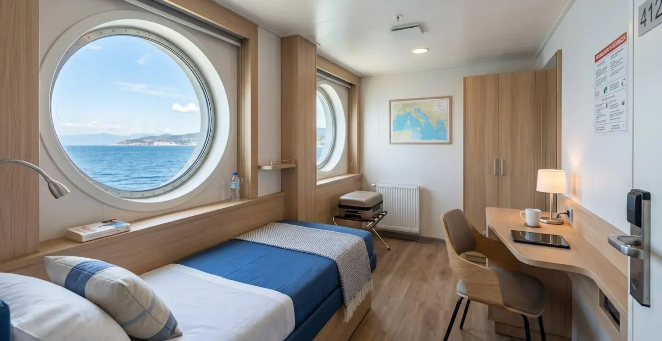 Interno di una cabina traghetto con letto matrimoniale e oblò che lascia entrare luce naturale