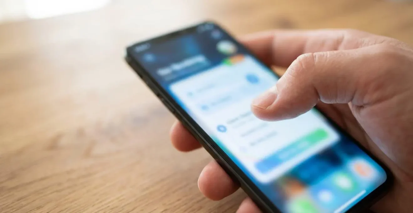 Una mano tiene uno smartphone con schermata di prenotazione traghetto, su un tavolo in legno chiaro